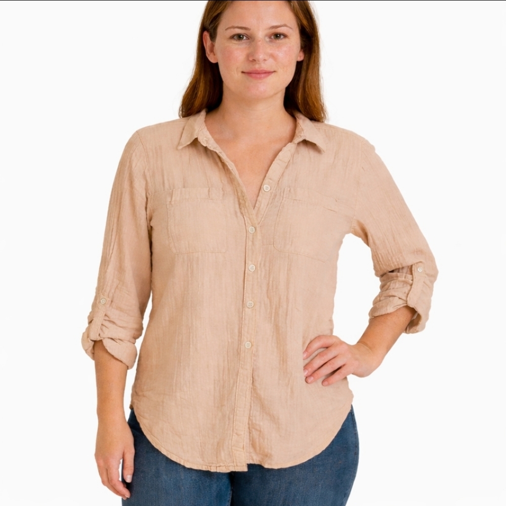 Sim & Sam Pink Cropped Gauzy Type Material Blouse Roll Tab Sleeves Sz XL